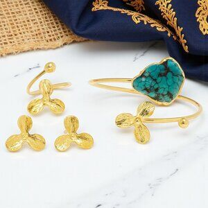 🆕Turkish Artisanal 18K Gold Plated Brass Statement Jewelry Set With Turquoise